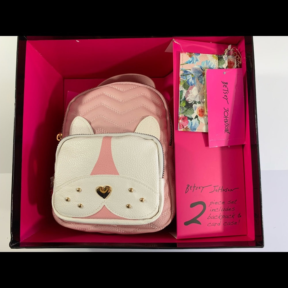 Betsey Johnson Pug Frenchie Dog Backpack & Card Wallet Key Chain Holiday Set